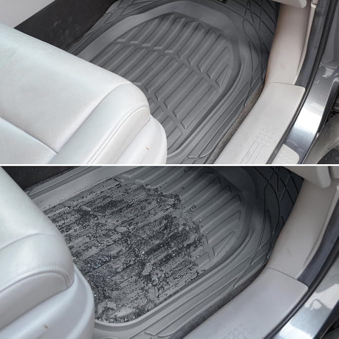 Motor Trend FlexTough Deep Dish Heavy Duty Rubber Floor Mats & Cargo Liner for Trunk All Weather (Gray) - Complete Coverage Set