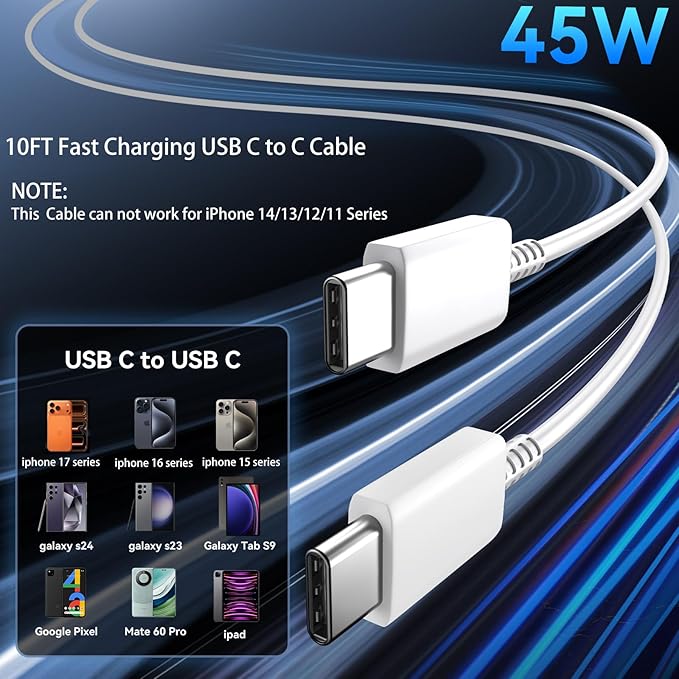 iPhone 17 16 15 Pro Max Charger Fast Charging, 45W USB C iPhone Charger Fast Charging Cable 10FT Long Type C Chargers Block Compatible with iPhone 17 Pro Max/17 Pro/17/16/16 Pro Max/15 Pro Max