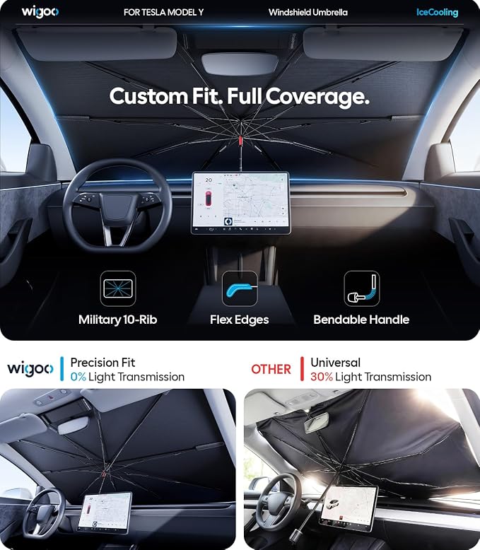 Wigoo Windshield Sun Shade Umbrella for Tesla Model Y [100% Sun Blockage, Ice Cooling Fabric] Foldable Heat Insulation Front Window Sunshade Umbrella for Tesla Model Y 2020–2026 (Juniper)
