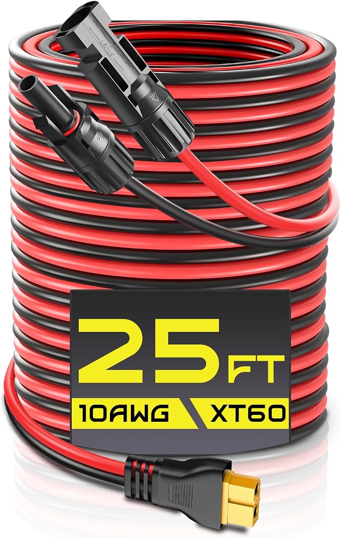 25FT 10AWG XT60 Solar Charging Cable, GIBBAB Solar Panel Connector to XT60 Extension Charge Adapter Cable with Caps & Wire Ties for LiFePO4 Battery RV Portable Power Station Generator