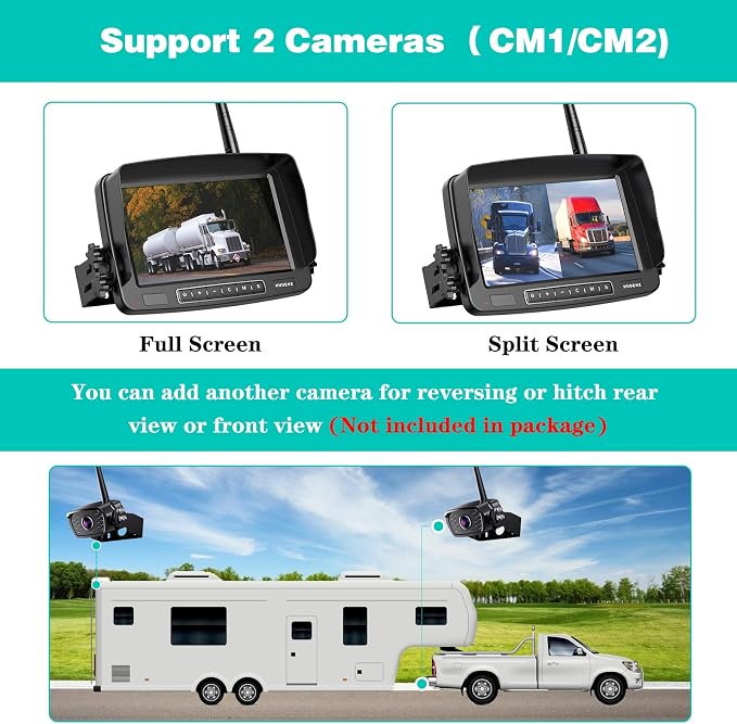 Nuoenx Wireless Backup Camera, 7 Inch Monitor Rear View Camera System for RV, Trailers, Trucks, 5th Wheels, Support 2 Cameras, IP69 Waterproof 18 LED IR Night Vision 152° View Camera, DIY Guide Lines