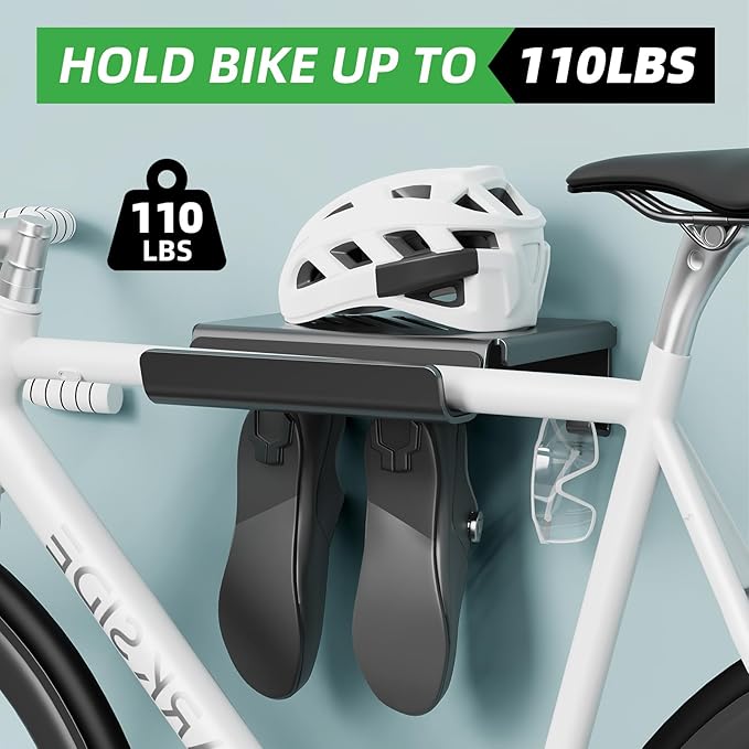 Bike Wall Mount Rack Indoor Bike Storage Garage Bike Rack Wall Mount with Shelf and Hooks Store Your Helmet and Shoes for a Single Road, Mountain or Other Bicycle (Universal Size)