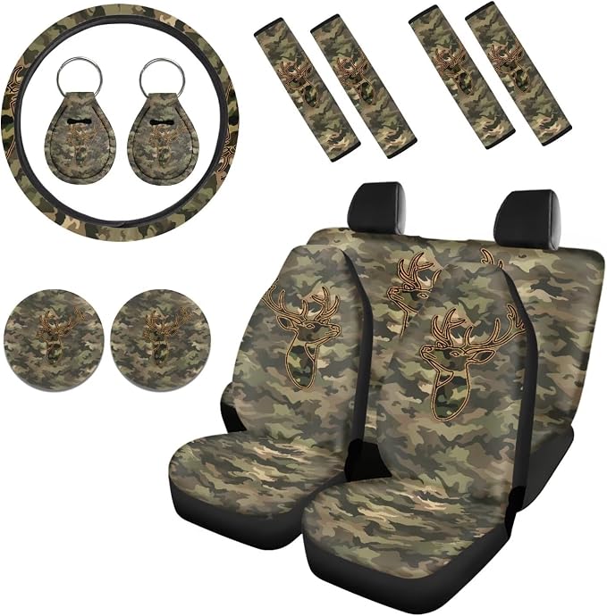 Howilath Camo Deer Print Car Seat Cushion Cover with Steering Wheel Protector/Seat Belt Cushion/Keychains/Cup Coasters Universal Fit Interior Accessories Fit Most Vehicle - 13 Piece