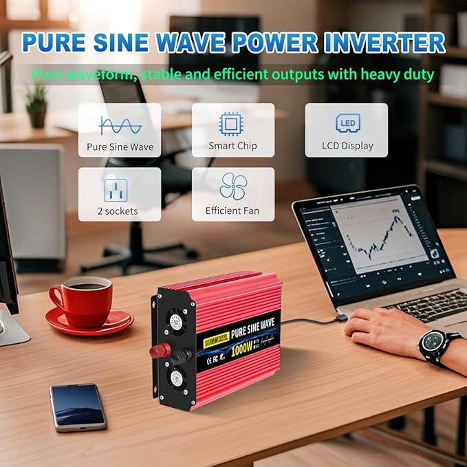 SUNWHEEL 1000W Pure Sine Wave Inverter, 12V DC to 110V/120V AC Power Inverter for RV、Off Grid、Truck with 2 AC outlets and LCD Display