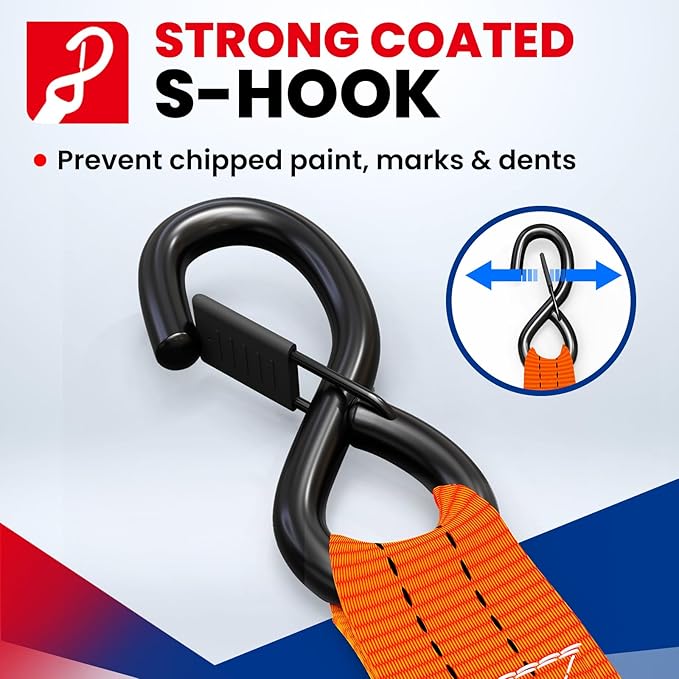 MOCA Orange Heavy Duty Ratchet Tie Down Straps - 5200 Lbs Breaking Strength 1.6" x 8', Includes 4 Heavy Duty Ratchet Padded Handles & Coated Chromoly S Hooks & 4 Soft Loop Tie-Downs
