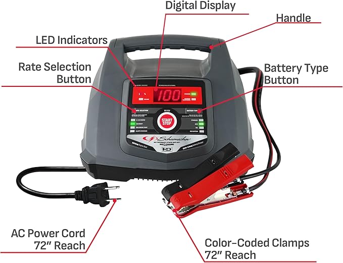 Schumacher Electric 6A Car Battery Charger and 100A Engine Starter, 5-in-1 Solution, Maintainer, 30A Boost, for 6V/12V Power Sport, Automotive, and Marine Batteries, SC1281