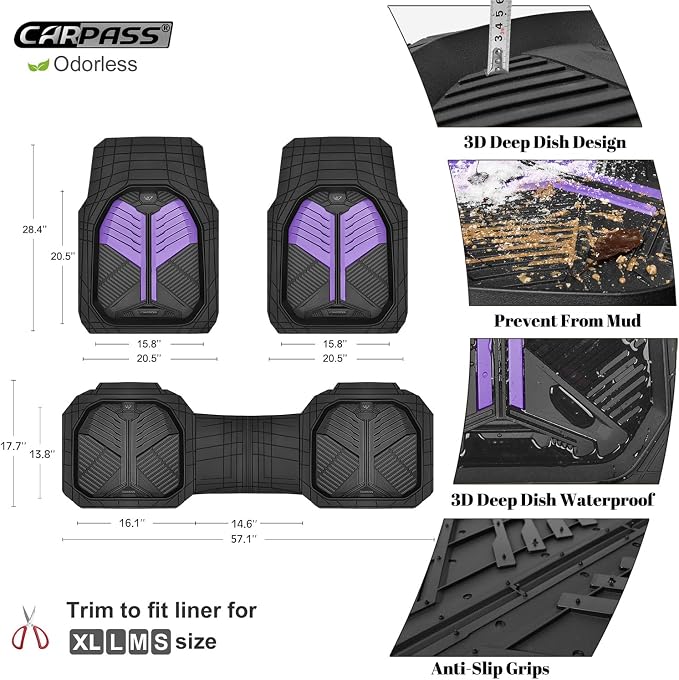 CAR PASS Heavy Duty Rubber Car Mats, Deep-Dish Car Floor Mats All Weather, Universal Two-Tone Trim-to-Fit for SUVs Trucks Sedans, Waterproof Anti-Slip, 3 Pieces V12 Black and Metallic Purple