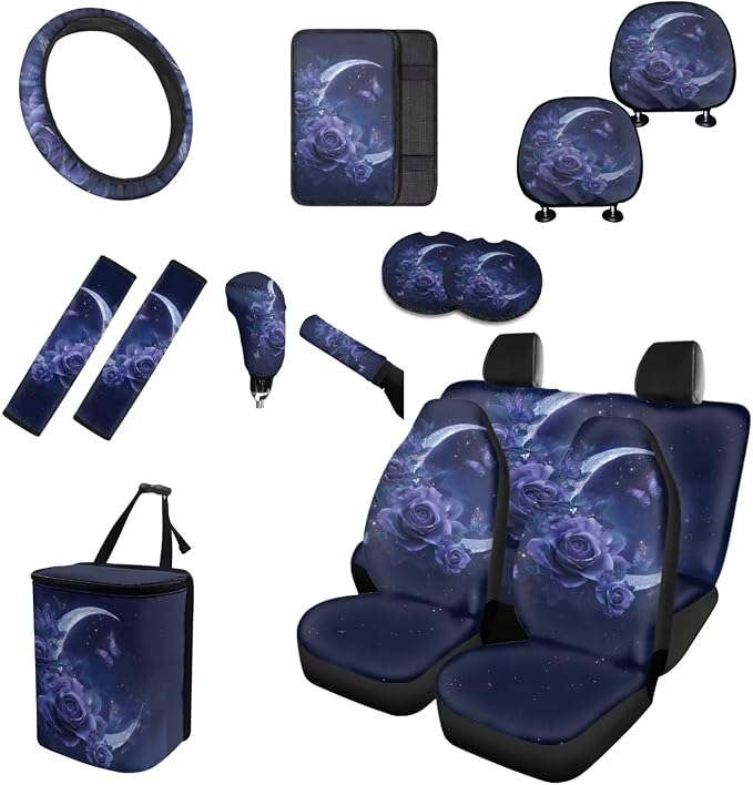 Deep Purple Moon Butterfly Car Seat Covers Full Set 15 Pcs Universal Car Accessories Steering Wheel Cover Seat Belt Pads Garbage Bag Car Headrest Pillow Covers Armrest Pad