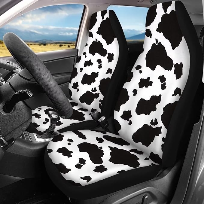 12 Pieces White Black Cow Print Car Accessories Car Seat Covers Full Set with Steering Wheel Covers,Seat Belt Pads,Key Ring,Cup Costers,Lipstick Holder Universal Fit for Truck Car