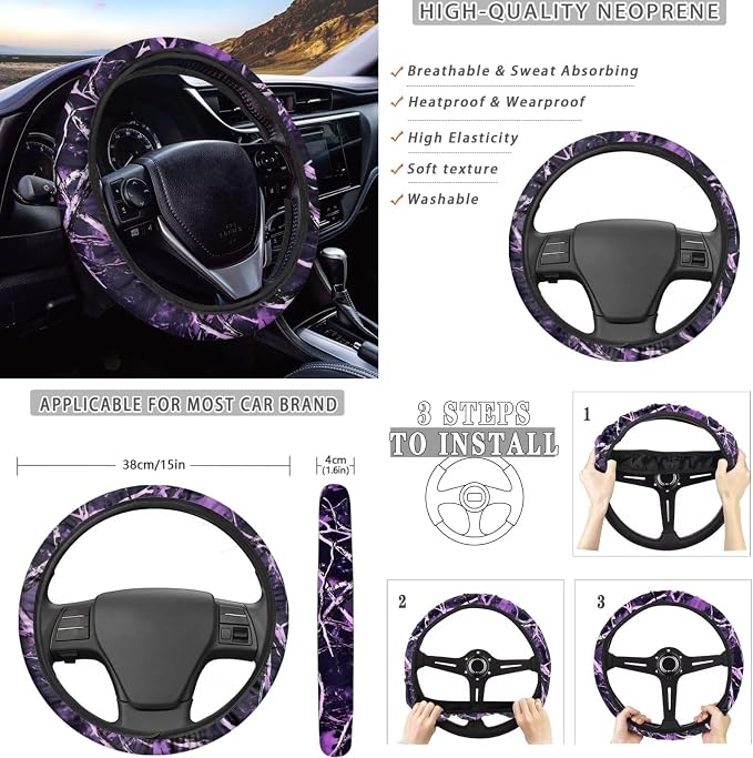 KEIAHUAN Purple Camo Branch Full Set Car Seat Cover with Steering Wheel Cover Cupholder Coaster Gear Shift Cover Handbrake Cover Headrest Cover Elastic Universal Fit for Most Vehicles 11 Pcs