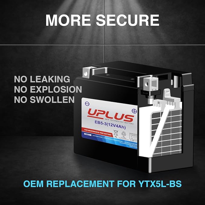 UPLUS YTX5L-BS ATV Motorcycle Battery, EB5-3 Maintenance Free 12V 4Ah SLA Batteries Scooter AGM Battery, Replacement for GTX5L-BS, ETX5L-BS, CTX5L-BS, BTX5L-BS, PTX5L-BS, AGM12-5, YTZ5S-BS