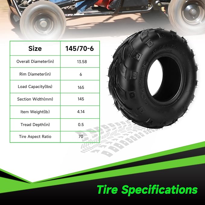 145/70-6 145-70-6 Tires Tubeless Compatible with Coleman CT100U CC100X Baja Doodle Bug DB30 Mini Bike KT196 Go Kart Motovox MBX10 MBX11 Mega Monster Moto 80cc 105cc Kazuma ATV Quad 4 Wheeler