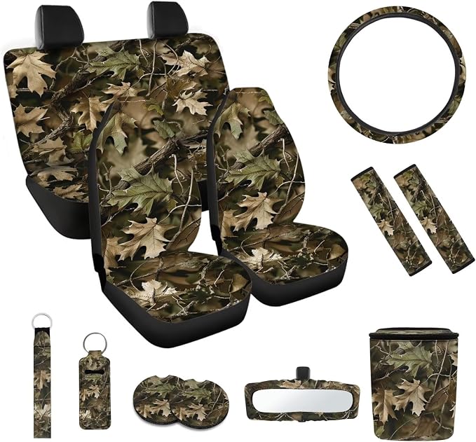 Camouflage Oak Tree 12-Pack Universal Fit Car Seat Cover Set - Front & Rear Cushion Covers, Steering Wheel Cover, Seat Belt Mats, Car Trash Can, Coasters & More for Cars, Vans, SUVs