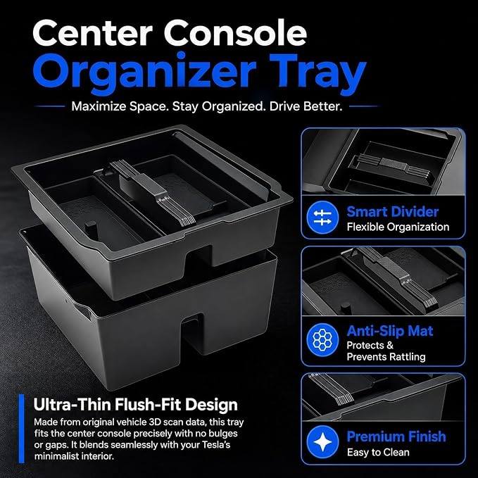 Tesla Center Console Organizer & Armrest Storage Box, Essential Accessories for Tesla Model 3 Highland (2024-2026)/ Model Y Juniper(2025-2026),6-Piece Dual-Layer Hidden Tray