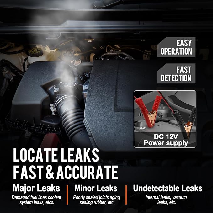Automotive Smoke Machine, 40ML OEM Approved Smoke Fluid,Quickly get Smoke EVAP Vacuum Leak Tester, Built-in Air Compressor, 12V DC Smoke Leak Detector.