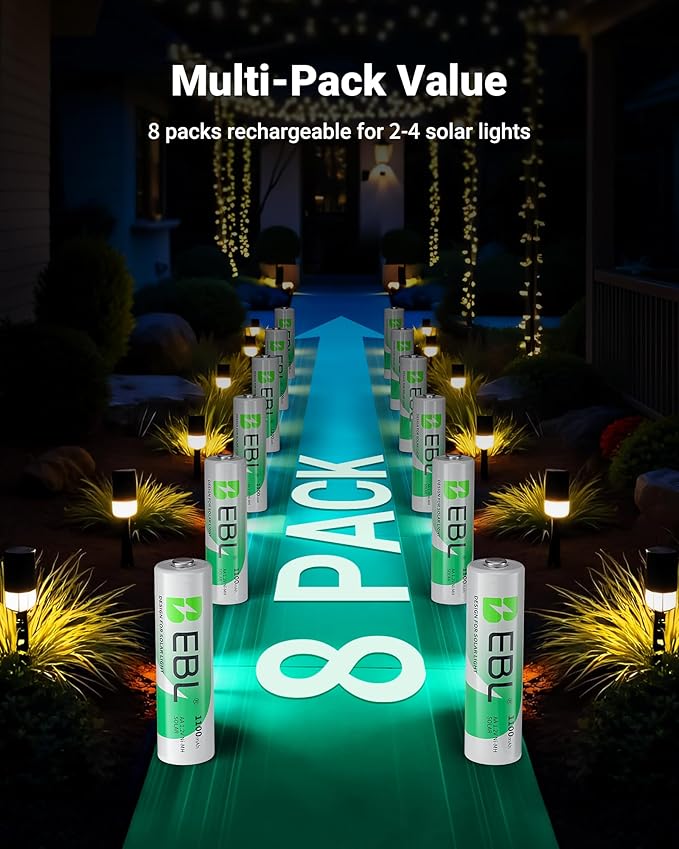 EBL AA Rechargeable Batteries, 1.2V 1100mAh High Capacity AA Battery for Solar Garden Lights (Pack of 8)