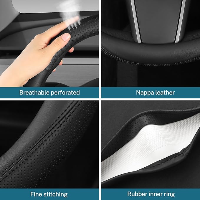 Leather Steering Wheel Cover Custom-Fit for Tesla Model 3/Y 2016-2026, Comfort Grip Design Breathable and Non-Slip, Model 3/Y Car Steering Wheel Protector, Tesla Accessories,Black(A-Style, for Tesla)