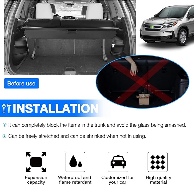 Powerty Cargo Cover for 2016-2022 Honda Pilot Trunk Cover Retractable Trunk Shielding Shade for Pilot Accessories Cargo Luggage Cover No Gap (NOT for Honda Passport or Pilot EX 2016)