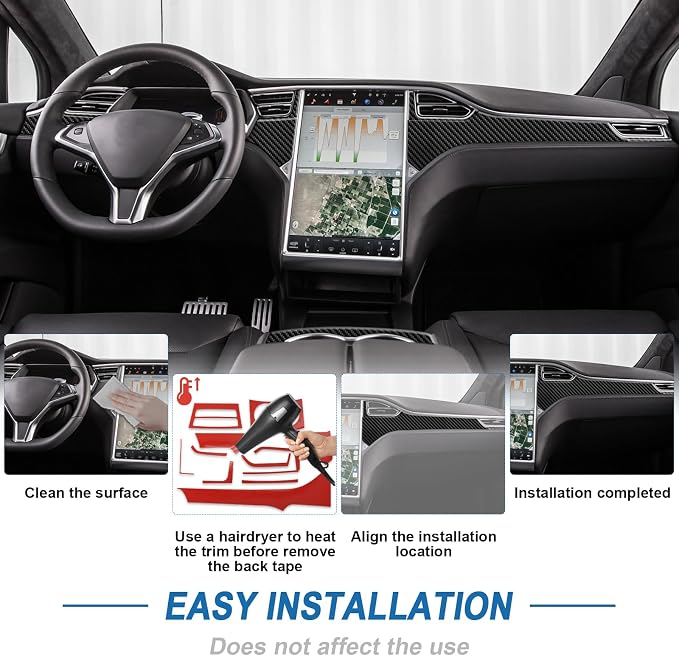 Real Carbon Fiber Interior Trim Kit Compatible with 2012–2020 Tesla Model S & 2016–2020 Model X – Dashboard Panel Trim, Cup Holder Trim, AC Air Vent Trim, Interior Decor Sticker Accessories