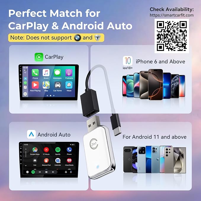 Wireless Carplay Adapter for iPhone, Convert Wired Car Play to Wireless, 2 in 1 Plug and Play Mini CarPlay and Android Auto Adapter for iOS 10 Android 11 +, Cars with Built-in Carplay (Off White)