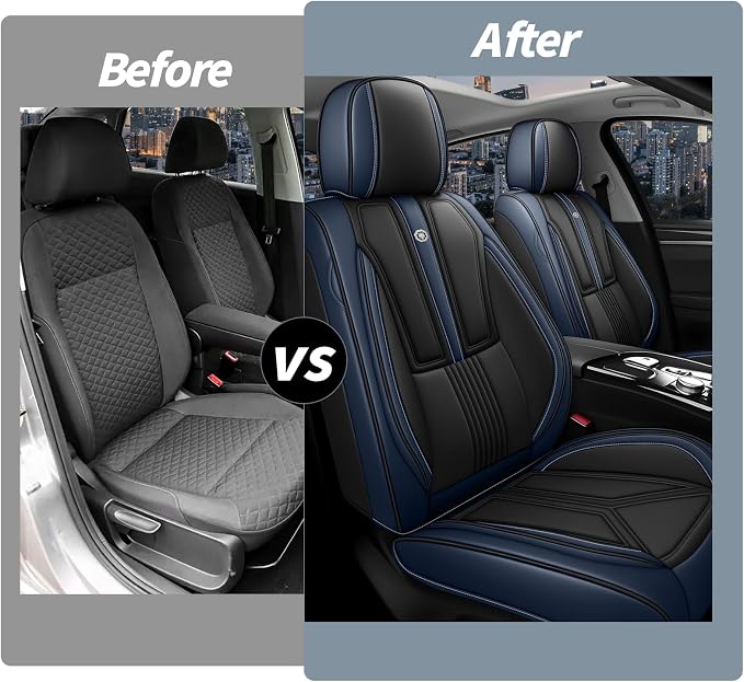 Arazi Fit for 98% of Mazda Seat Covers, 360° Full Wrap Original Seat Cover, Waterproof Nappa Leather Seat Covers with Big Space Storage Pocket Seat Protector（2 Seats Standard, Black&Blue）