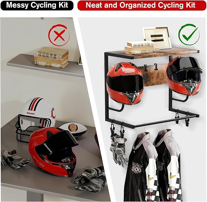 AstraLoom Heavy-Duty Motorcycle Helmet Wall Mount with 4 Glove Clips & 4 Utility Hooks - Universal Storage Rack for Helmets, Jackets & Riding Gear(Rustic Style)