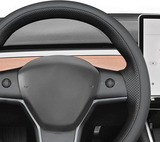 MEWANT Black Smooth Perforated Faux Leather Steering Wheel Cover for Tesla Model Y 2020-2023 Model 3 2017-2023