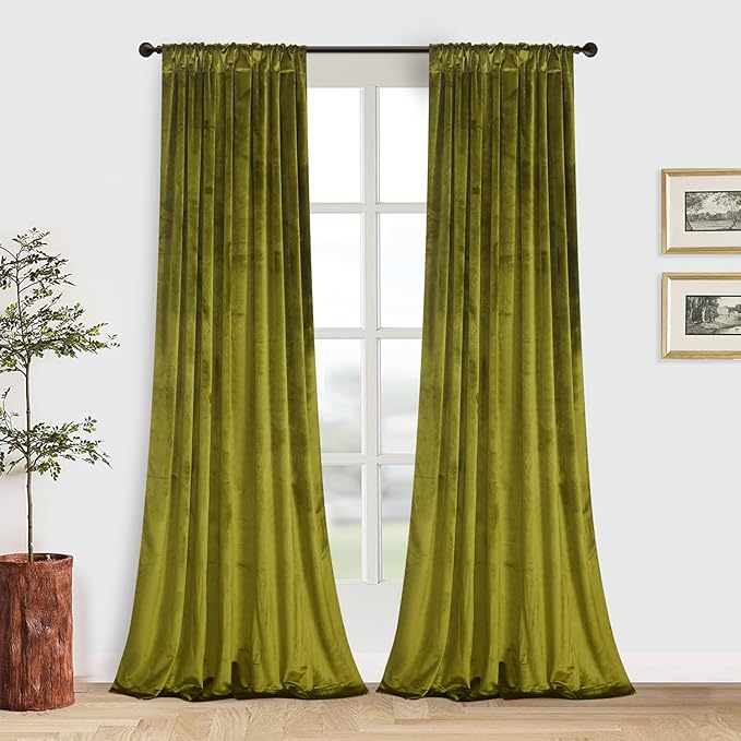 Roslynwood Luxury Soft Olive Velvet Curtains 63 inches Long Back Tab Thermal Insulated Blackout Window Drapes for Living Room/Bedroom/Dining Room, W52 x L63, 2 Panels