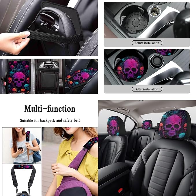 Skull Printed Car Front Rear Seat Covers Spider Web Print Steering Wheel Cover Matched Seatbelt Covers Waterproof Lipstick Holder Keychain Headrest Covers Universal Fit Most Vehicles