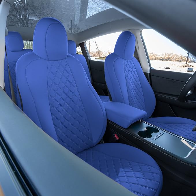 FH Group Custom Fit Car Seat Covers Specifically Made for 2020-2025 Tesla Model Y Ultraflex Neoprene Water Resistant Automotive Seat Covers - Full Set Solid Blue