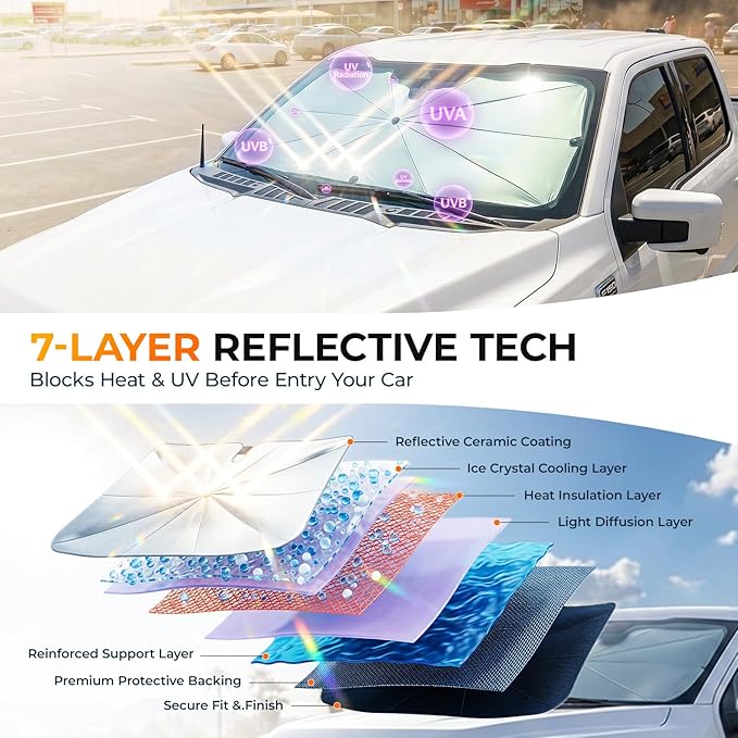 [2026 Upgraed] DooGooCoo Windshield Sun Shade Umbrella for Toyota Tacoma [100% Sunlight Blocked, Ice Crystal Cool] Sunshade for Car Windshield for Tacoma Sun Shade 2016-2026, Custom Fit for Tacoma.