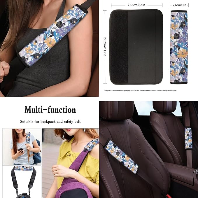 Watercolor Flower Leaf Car Seat Covers Set of 13, Countryside Flowers Field Steering Wheel Cover, Abstract Botanical Easy to Install Car Seat Cover Set