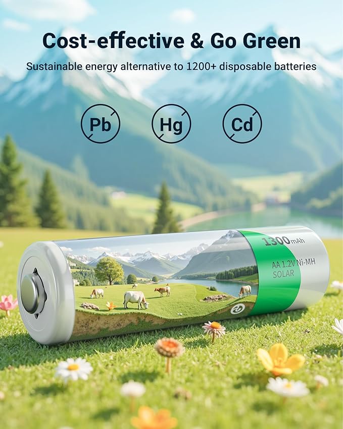EBL Solar AA Battery Rechargeable Batteries for Outdoor Solar Lights, 1300mAh NIMH Pre-Charged 1.2V Recharge up to 1200x Times for Garden Landscaping String Lights, Pack of 12