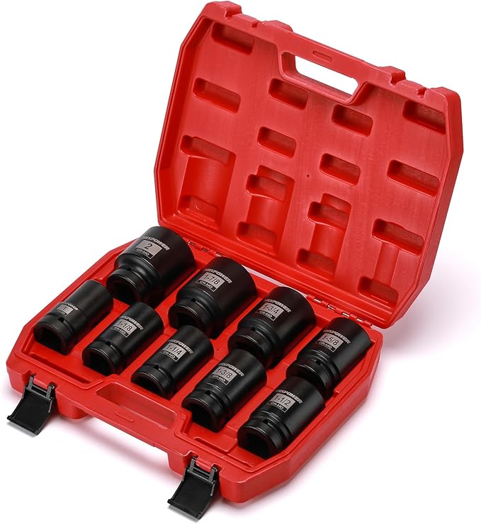 MIXPOWER 9PCS 1"Drive Impact Deep Socket Set, 6 Point, 1" - 2", CR-MO, SAE, Deep, 1" Dr. Deep Spindle Axle Nut Impact Socket Set