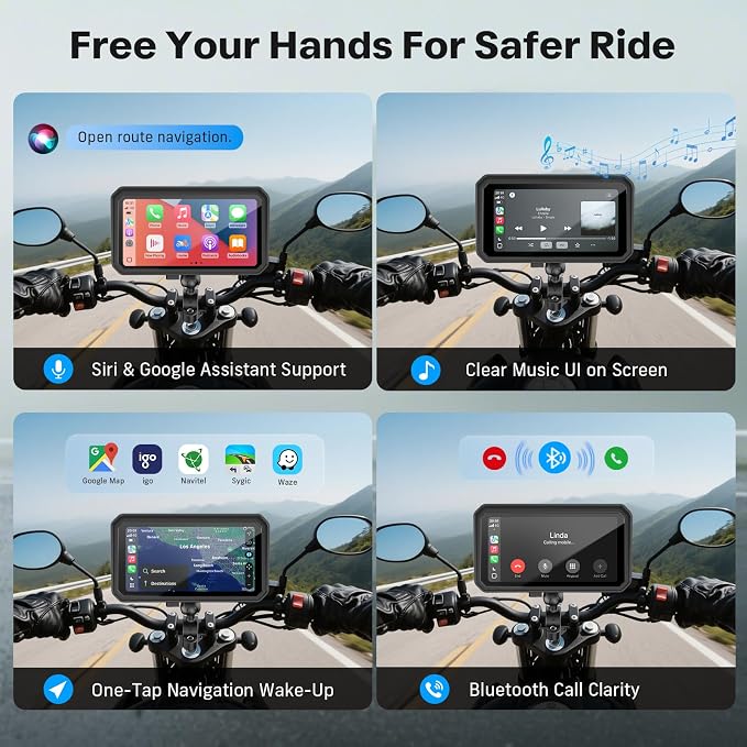 WonVon 6.25 Inch Wireless Motorcycle Carplay GPS Navigation System with Apple Carplay and Android Auto Portable Screen with Dual Bluetooth, Navigation, Siri, Google Assistant with Magnetic Mount