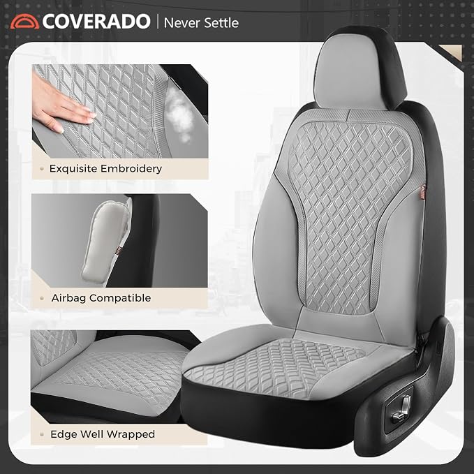 Coverado Car Seat Covers 5 Seats, Luxury Diamond Leather Seat Covers Full Set, Carbon Fiber Textured Design, Durable Waterproof Seat Protectors, Automotive Seat Covers Universal Fit Most Cars, Gray