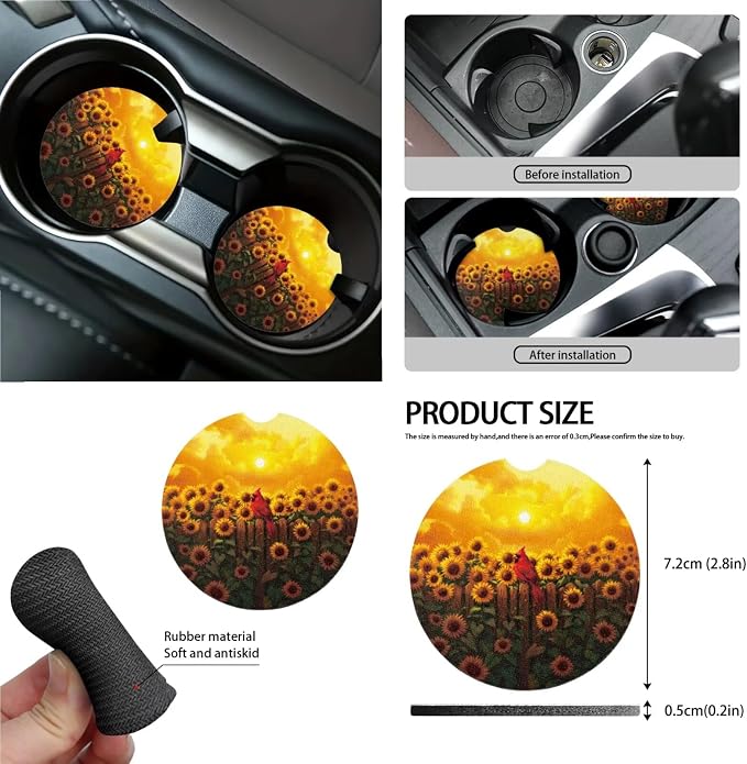 Cardinal Sunflower Print Car Seat Covers Full Set, 13 PCS Auto Accessories with Soft Steering Wheel Cover, Seat Belt Shoulder Pads, Coasters for Most Cars