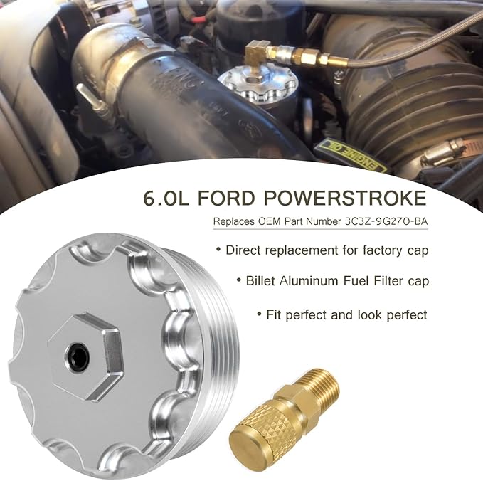 Fuel/Oil Pressure Test Kit with Billet Aluminum Fuel/Oil Filter Cap, Fuel Pressure Gauge and Hose Kit for 2003-2007 Ford 6.0L Power Stroke Diesel