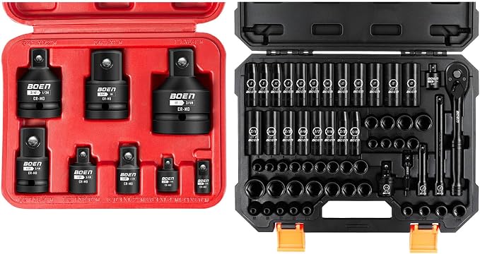 BOEN 67 Piece Socket & Adapter Set, Including 59 Pieces Metric & SAE 3/8" Drive Impact Socket Set, 8 Pieces 1/4" 3/8" 1/2" 3/4" Drive Socket Adapter Set with Durable Case