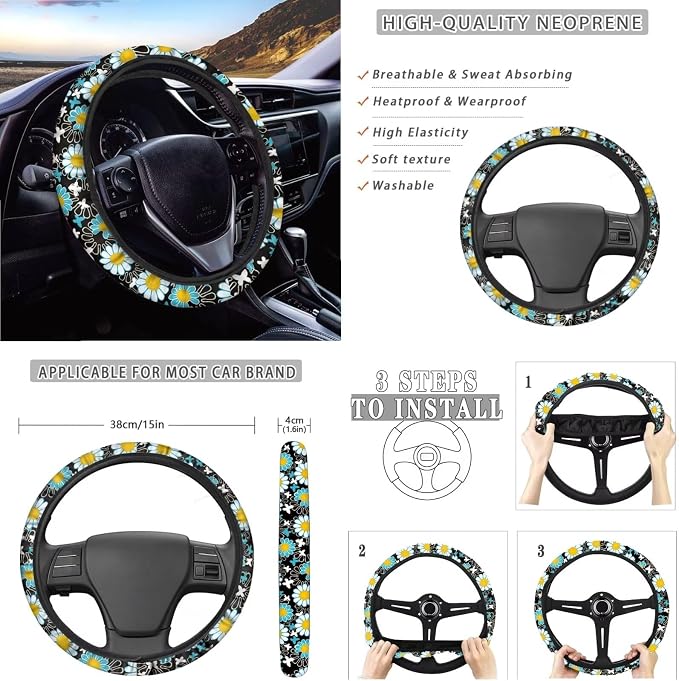 Vibrant Daisy Floral Print 13 Pieces Car Accessories Universal Fit Car Seat Covers Full Set,Seatbelt Pads,Coasters,Keychain,Lipstick Sleeve for Women's Vehicle Protector