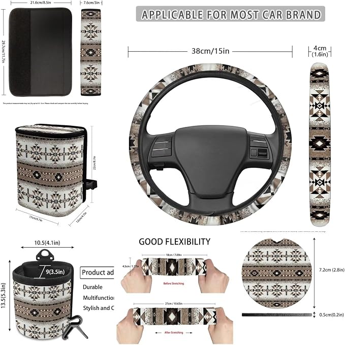XYZCANDO Tribal Prints Automobile Accessories Sets 15 PCS Car Seat Cover Set Steering Wheel Cover Cover Garbage Bag Storage Box Seat Belt Pads Rear View Mirror Cover Coasters Keychain Fit Most Cars