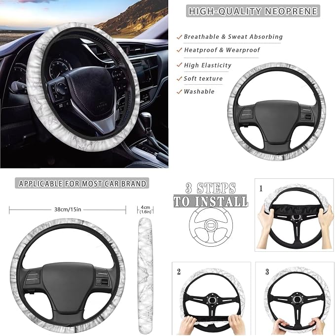 Suobstales Highland Cattle Marble Print Car Accessories Seat Covers for Cars for Women Full Set with Steering Wheel Cover + Seat Belt Covers + Coasters + Keychains Interior Cover Set of 11
