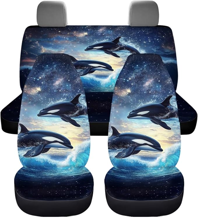 Killer Whale Car Seat Cover Set with Steering Wheel Wrap, Gear Lever Cover Hand Brake Cover and Seatbelt Pad Cover, Cup Holder Coaster Full Set of 11 Pack Auto Accessories