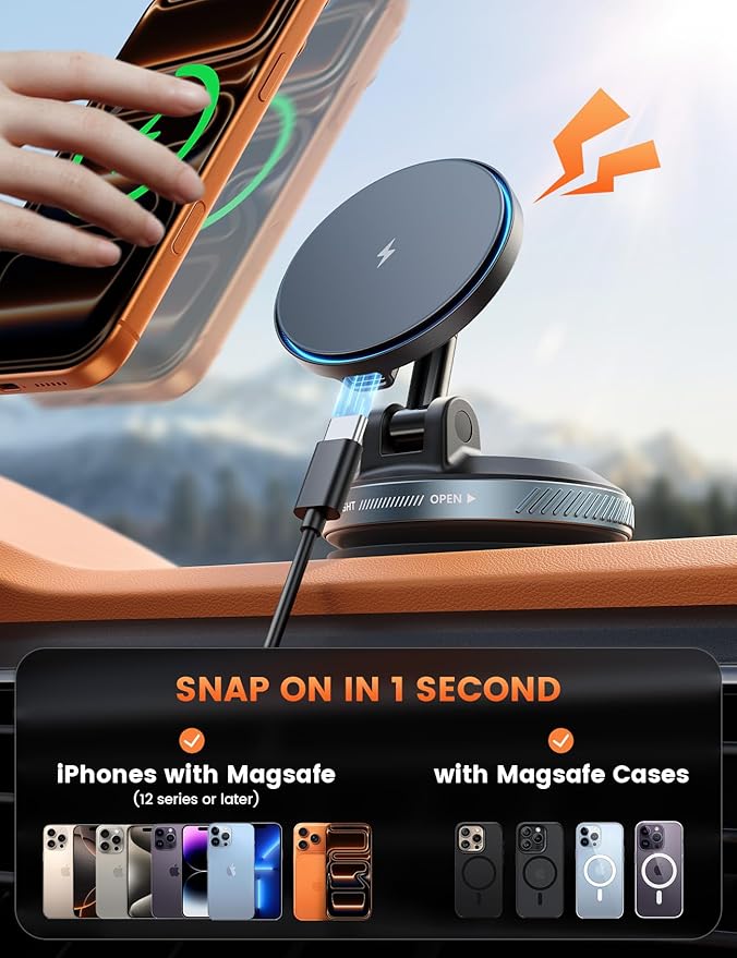 Lamicall 15W for MagSafe Car Mount Charger - [70 LBS Strongest Suction] Magnetic Wireless Car Charger, Suction Cup Phone Mount, Vacuum Magnetic Phone Holder Car Mount for iPhone 17 Pro Max 16 15 14 13