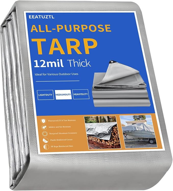 10x20FT Tarps Heavy Duty Waterproof, 12 Mil Big Tarp with Grommets and Reinforced Edges, Resistant, Tear&Fade Resistant, Large Waterproof Cover for Roof Tent Camping