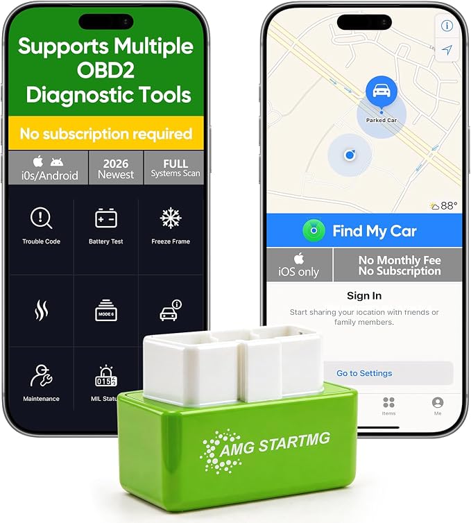 Bluetooth OBD2 Car Scanner & Code Reader with Find M Tracker for iPhone iOS Android - No Monthly Fee, Diagnose Engine ABS SRS & 7000+ Faults for Vehicles 1996 and Newer (Green)