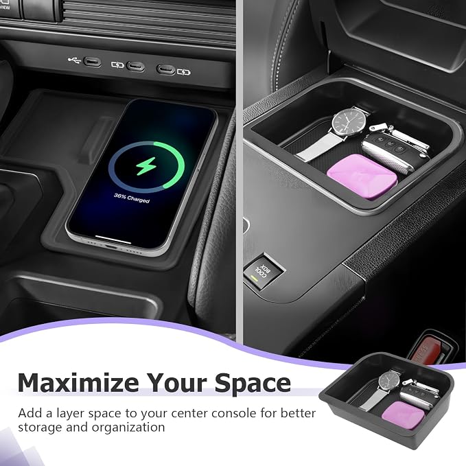 LUWU 2PCS 2026 Land Cruiser Center Console Organizer Compatible with Land Cruiser 2024 2025 2026 Accessories LC250 First Edition Center Console Storage Tray, Wireless Charging Pad (Only for Cool Box)