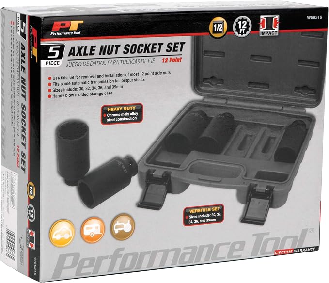 Performance Tool W89316 5-Piece 12 Point Axle Nut Socket Set - Chrome Moly for Strength, Sizes 30mm to 39mm, Includes Fitted Blow Molded Storage Case