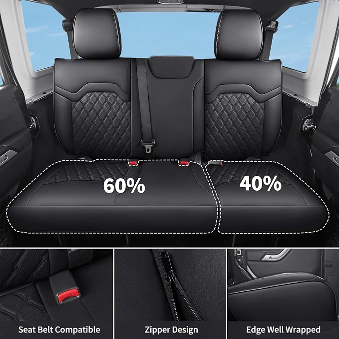 Huidasource Wrangler JL Seat Covers 4 Door 2018-2026, Custom Fit Seat Cover for Jeep Wrangler JL Rubicon Sahara Willys 4-Door Without Rear Cupholder (Full Set/Black)