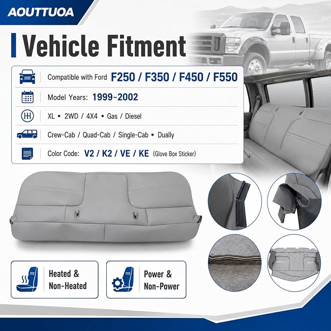 Full Bench Bottom and Top Back Set Cover Gray V2 or K2 or VE or KE Leather Med Flint Gray Fit for Ford F250 F350 F450 1999 2000 2001 2002